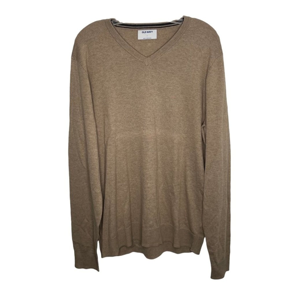 Old Navy Mens V-Neck Sweater Large Tan Heathered Cotton Blend Long Sleeve Knit